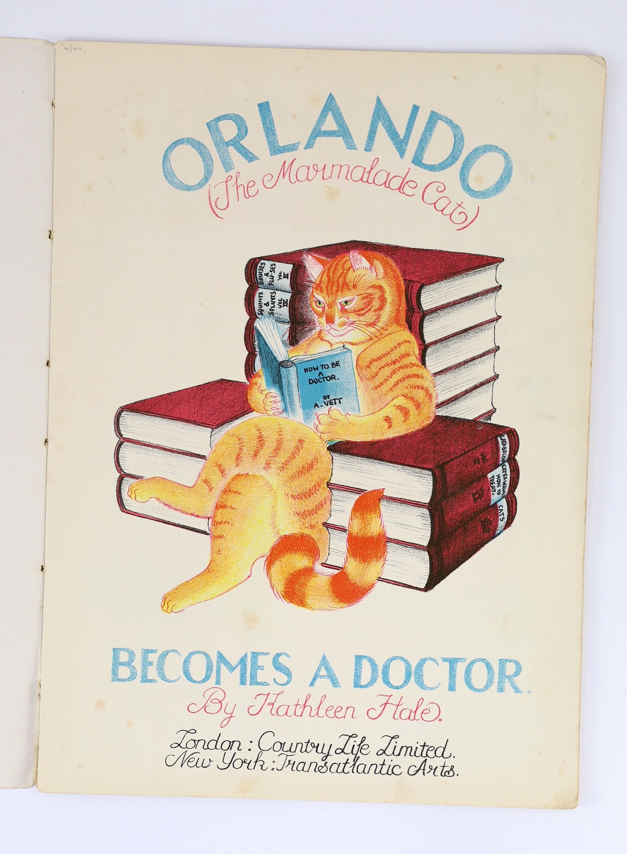 Hale, Kathleen - Orlando (the Marmalade Cat). Becomes a Doctor. First edition, coloured pictorial title and coloured illus. throughout. publisher's coloured pictorial wrappers, folio.